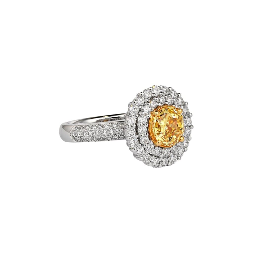 White Gold, Gold 1.65ct Round Brilliant Cut Fancy Intense Yellow Diamond and Diamond Ring