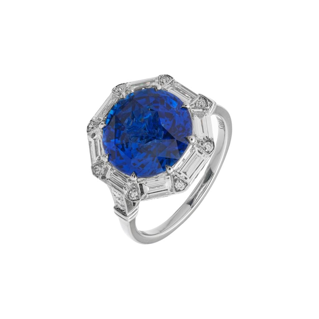 Platinum, 6.39ct Ceylon Sapphire and Diamond Ring