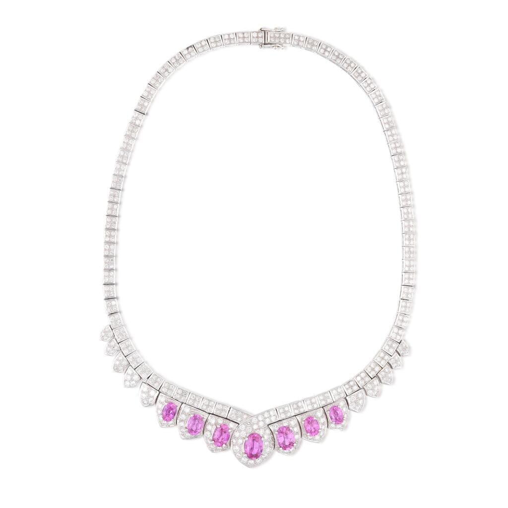 White Gold, Madagascar Pink Sapphire and Diamond Collar Necklace