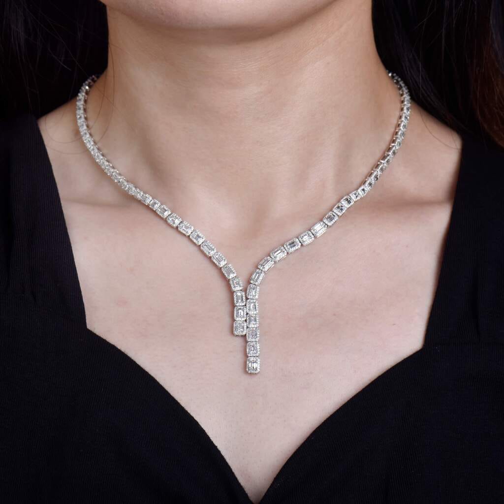White Gold and 8.40ctw Baguette Cut Diamond and Diamond Necklace