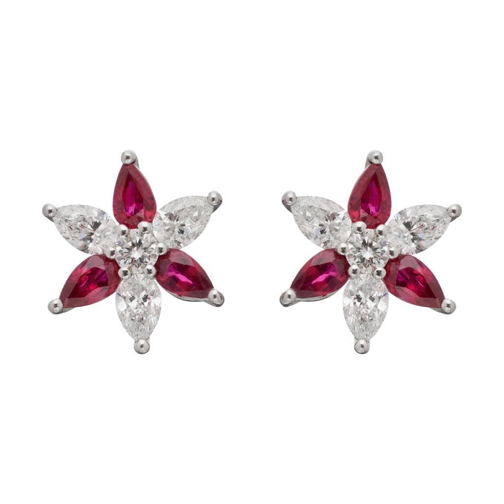 Platinum, Ruby and Diamond Floral Stud Earrings