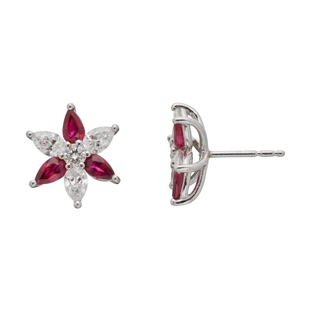 Platinum, Ruby and Diamond Floral Stud Earrings