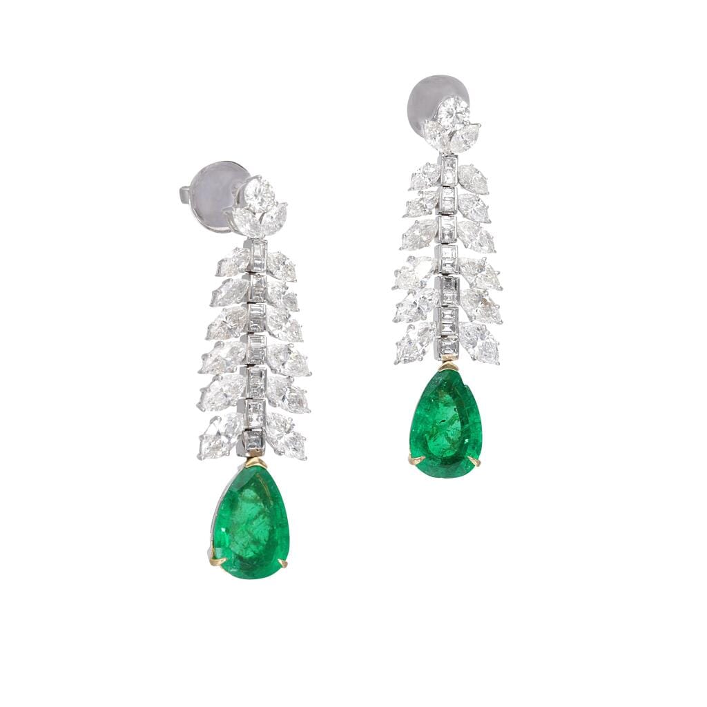 White Gold, Colombian Emerald and Diamond Drop Earrings