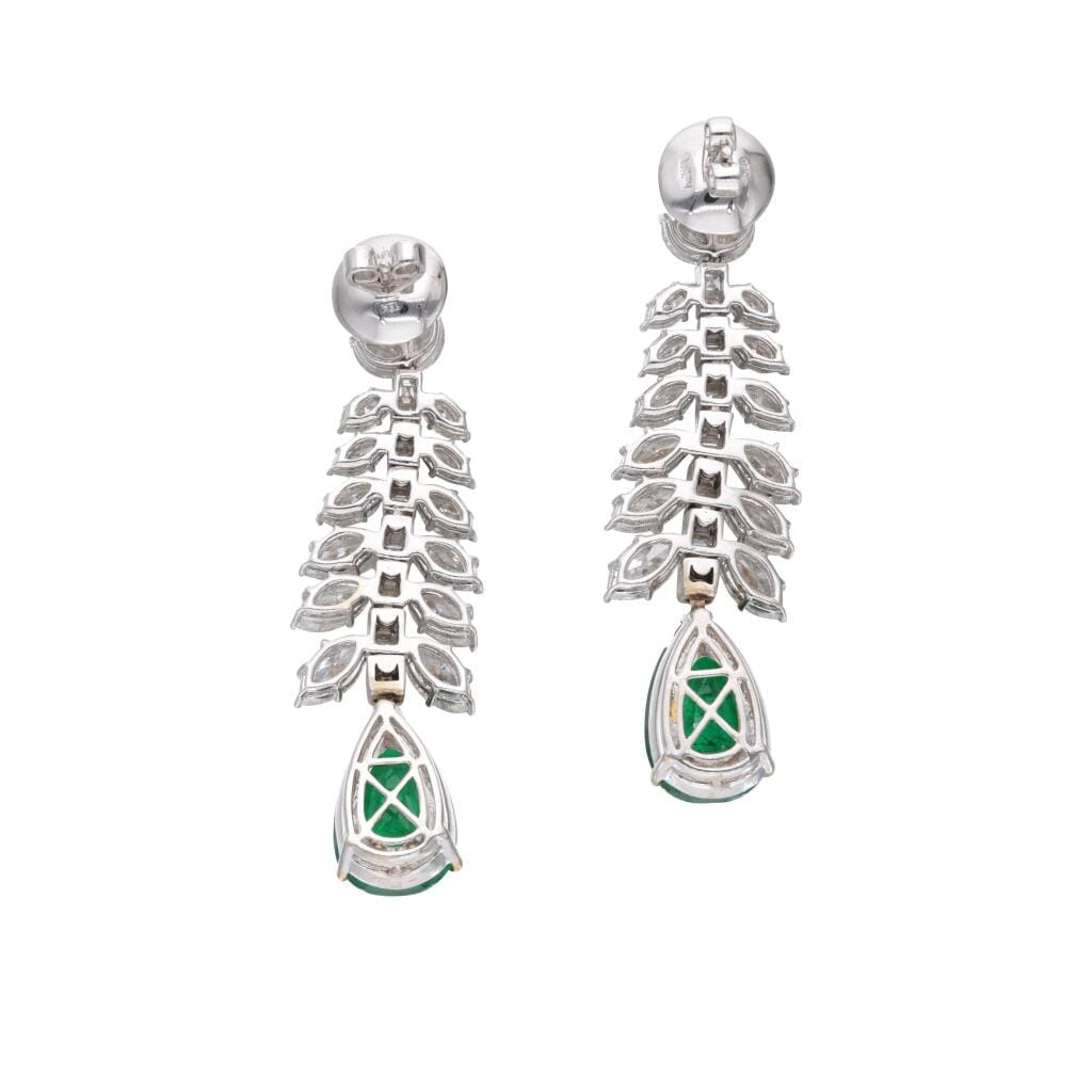 White Gold, Colombian Emerald and Diamond Drop Earrings
