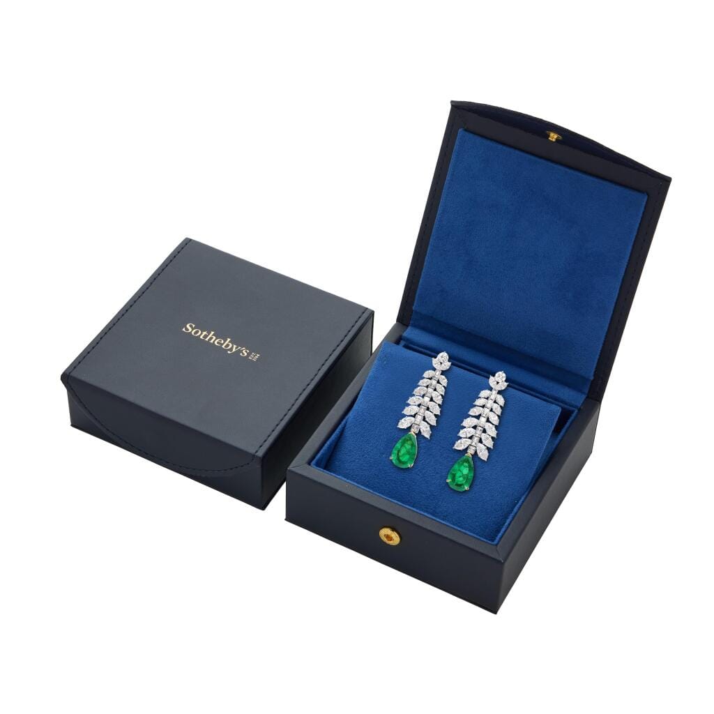 White Gold, Colombian Emerald and Diamond Drop Earrings