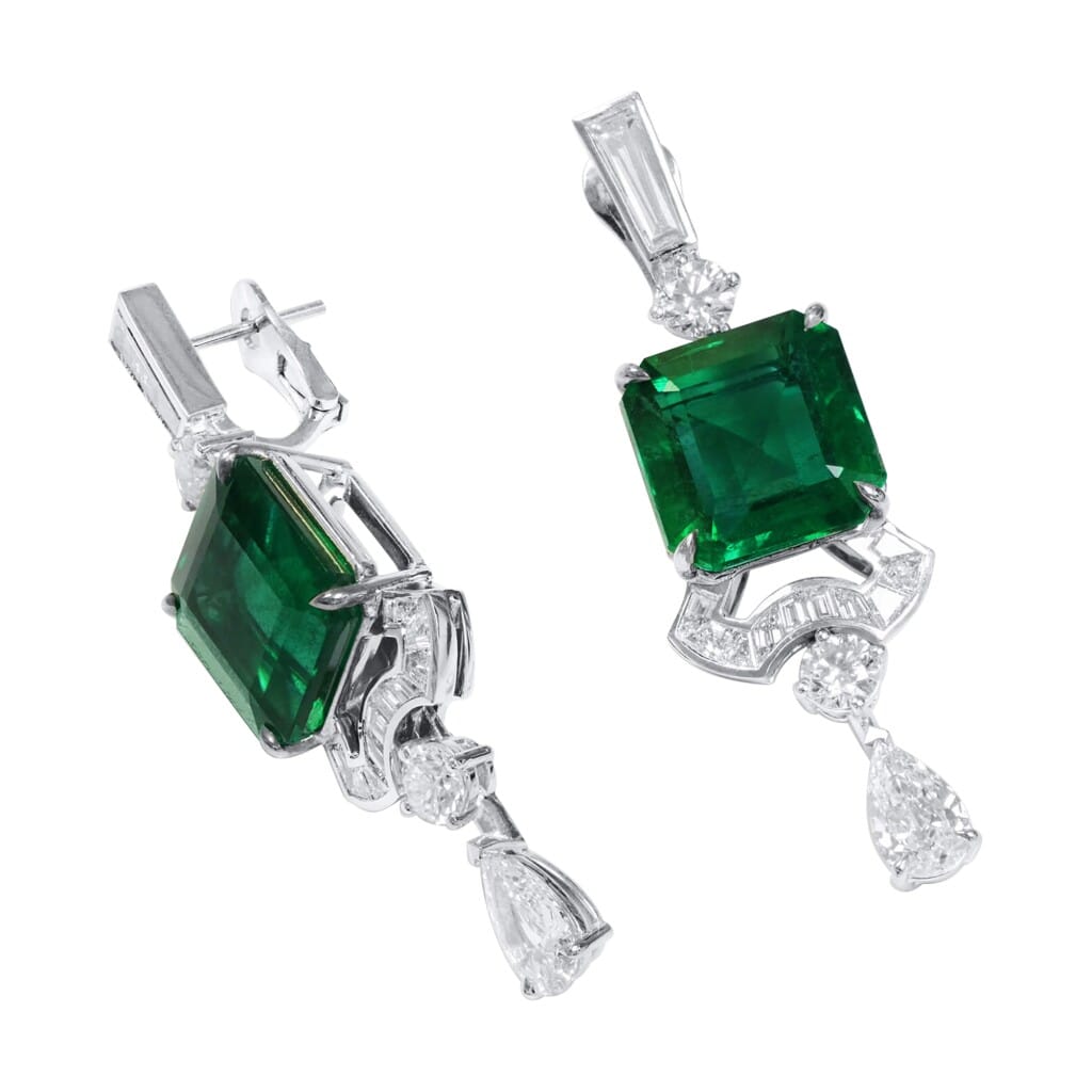 White Gold, 15.45ctw Zambian Emerald and Diamond Drop Earrings