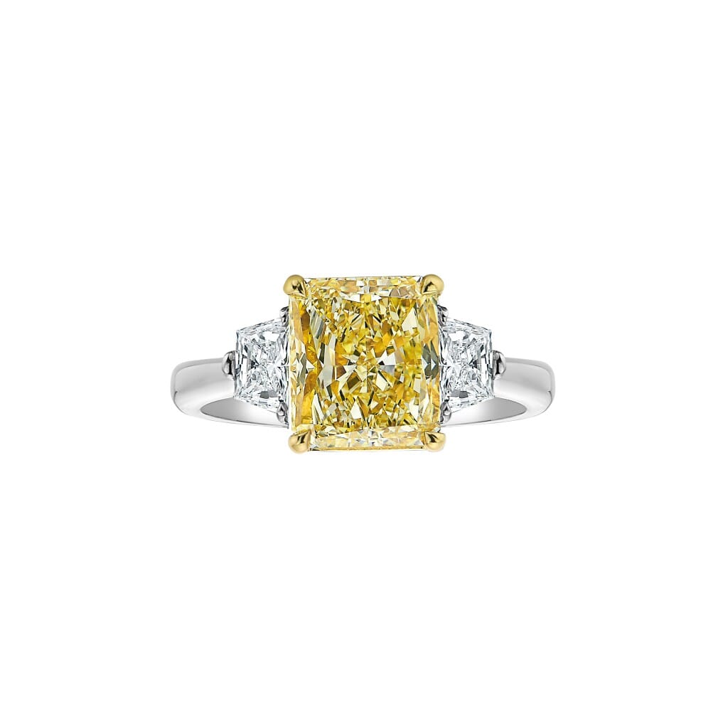 Platinum, Gold, 2.51ct Radiant Cut Fancy Yellow Diamond and Diamond Engagement Ring