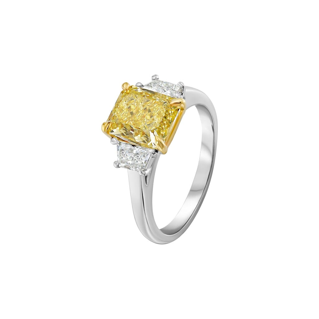 Platinum, Gold, 2.51ct Radiant Cut Fancy Yellow Diamond and Diamond Engagement Ring