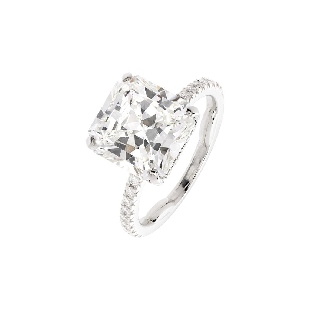 Platinum, 3.85ct Radiant Cut Diamond and Diamond Engagement Ring