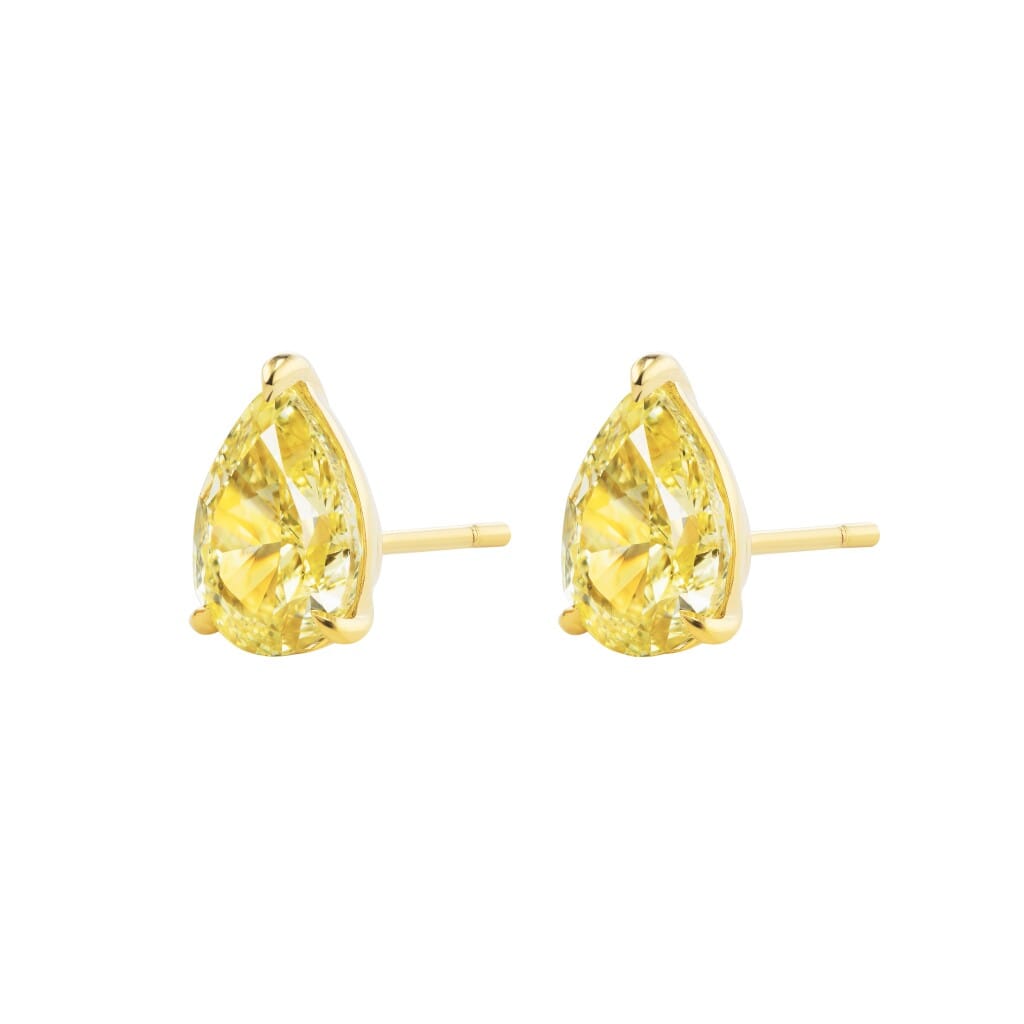 Gold and 4.01ctw Pear Shape Fancy Intense Yellow Diamond Stud Earrings