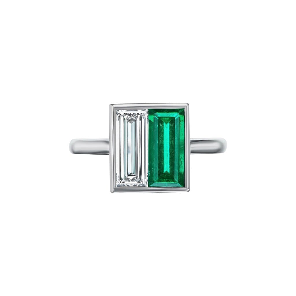 Platinum, 1.20ct Colombian Emerald and 1.02ct Emerald Cut Diamond Toi et Moi Ring
