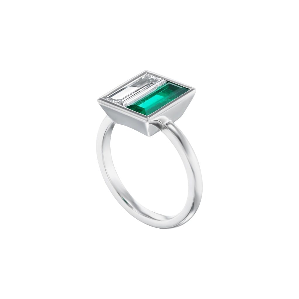 Platinum, 1.20ct Colombian Emerald and 1.02ct Emerald Cut Diamond Toi et Moi Ring