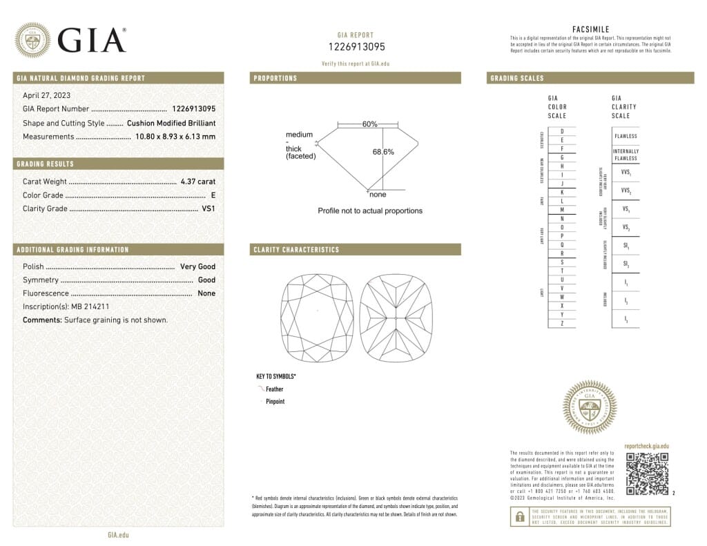 Platinum, 4.37ct Cushion Cut Diamond and Diamond Ring