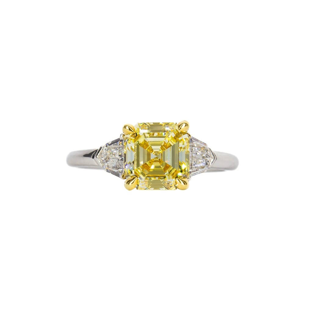 Platinum, 1.94ct Asscher Cut Fancy Yellow Diamond and Diamond Engagement Ring