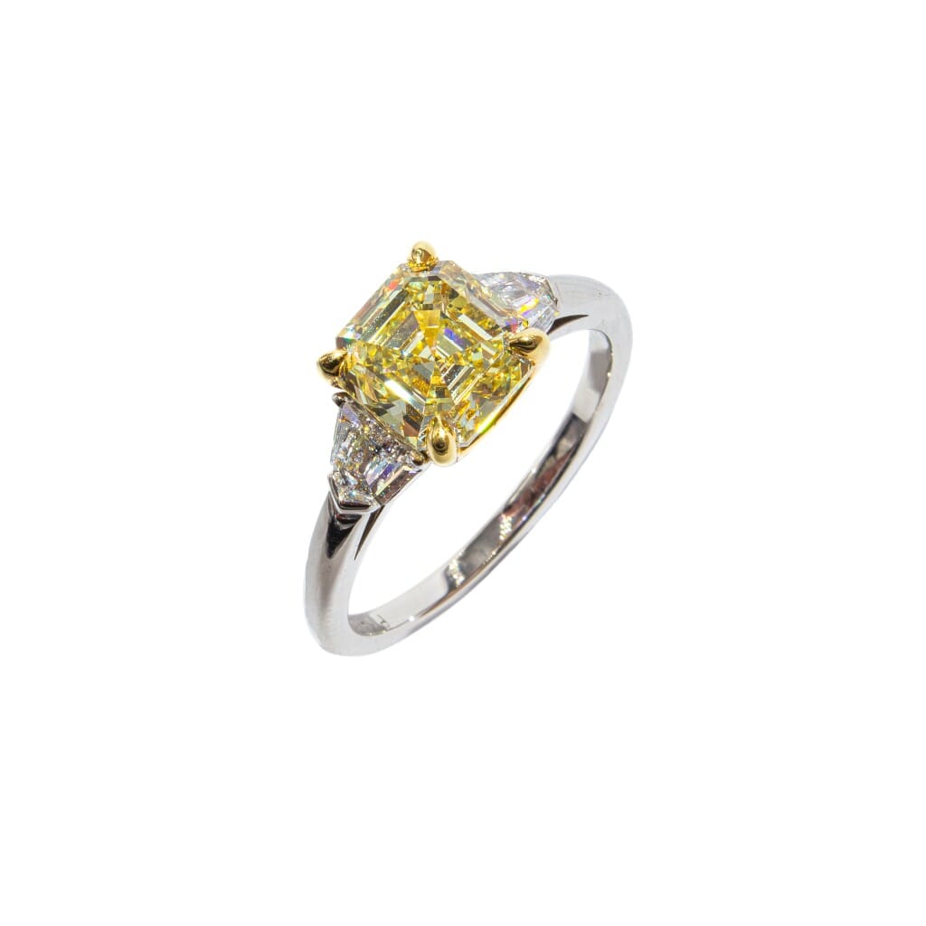 Platinum, 1.94ct Asscher Cut Fancy Yellow Diamond and Diamond Engagement Ring