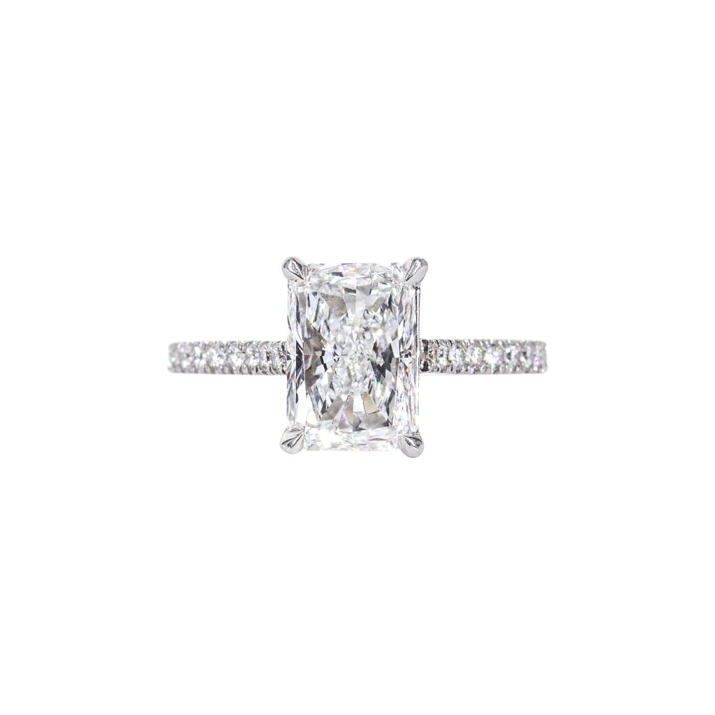 Platinum, 2.08ct Radiant Cut Diamond and Diamond Engagement Ring