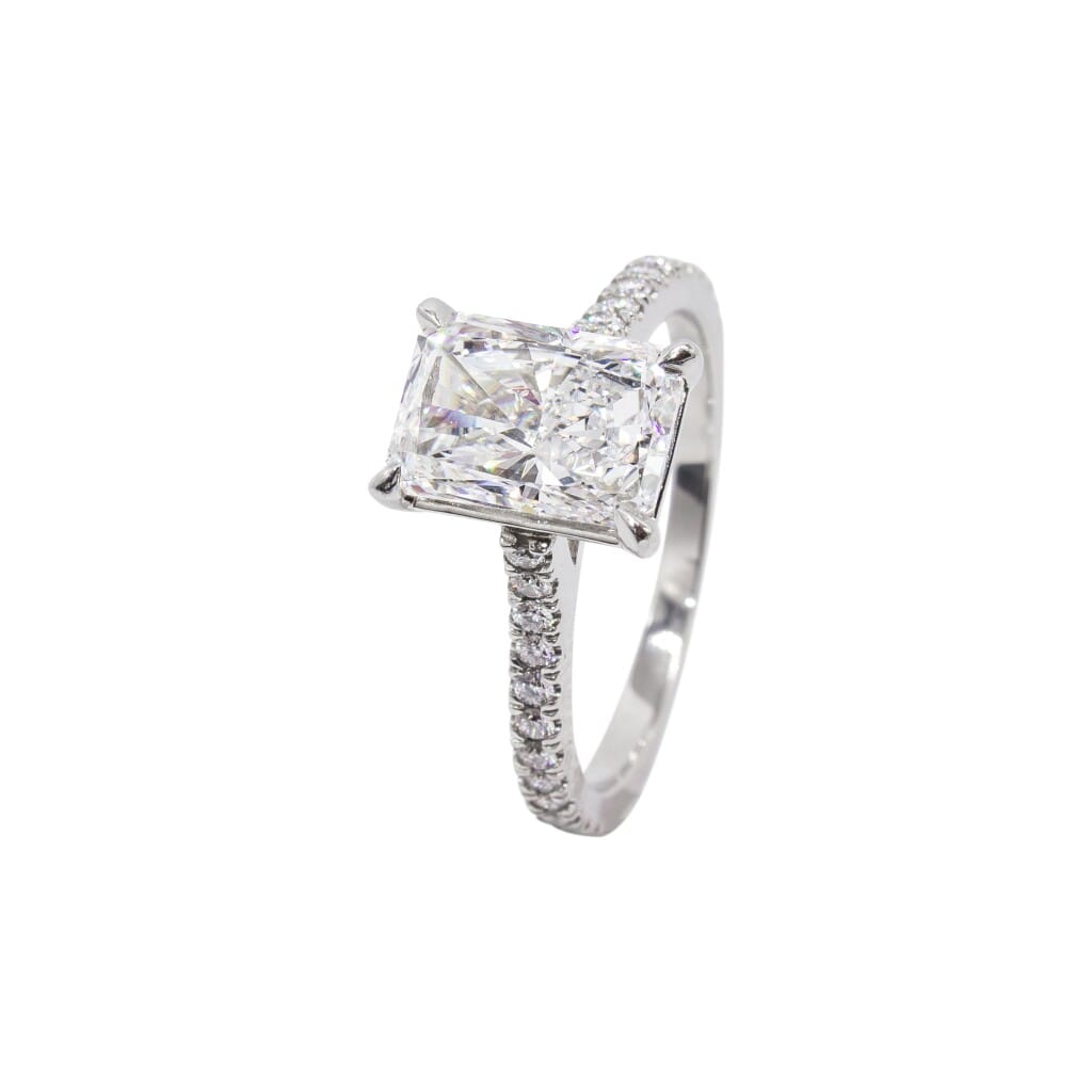 Platinum, 2.08ct Radiant Cut Diamond and Diamond Engagement Ring