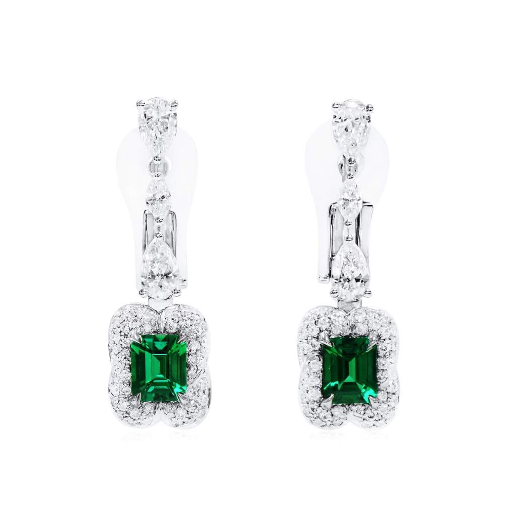 White Gold, Emerald and Diamond Drop Earrings