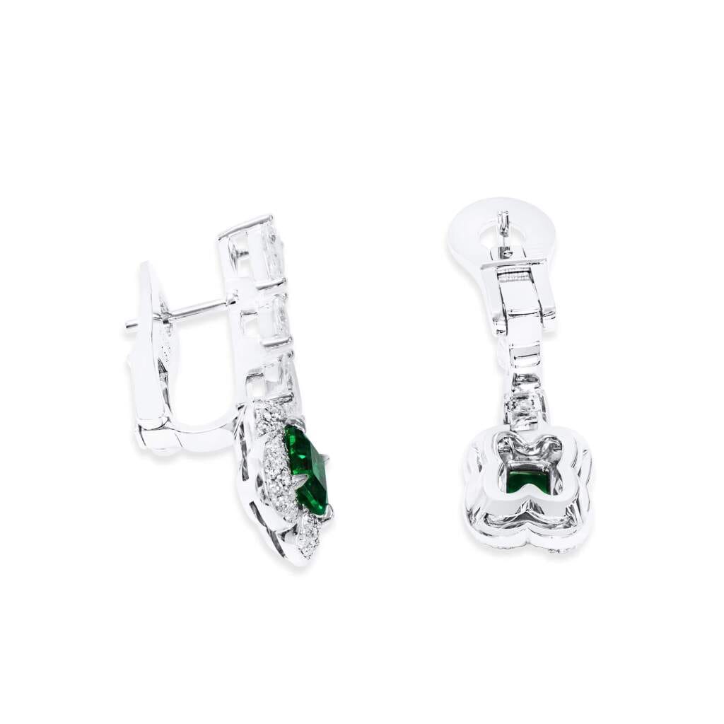 White Gold, Emerald and Diamond Drop Earrings