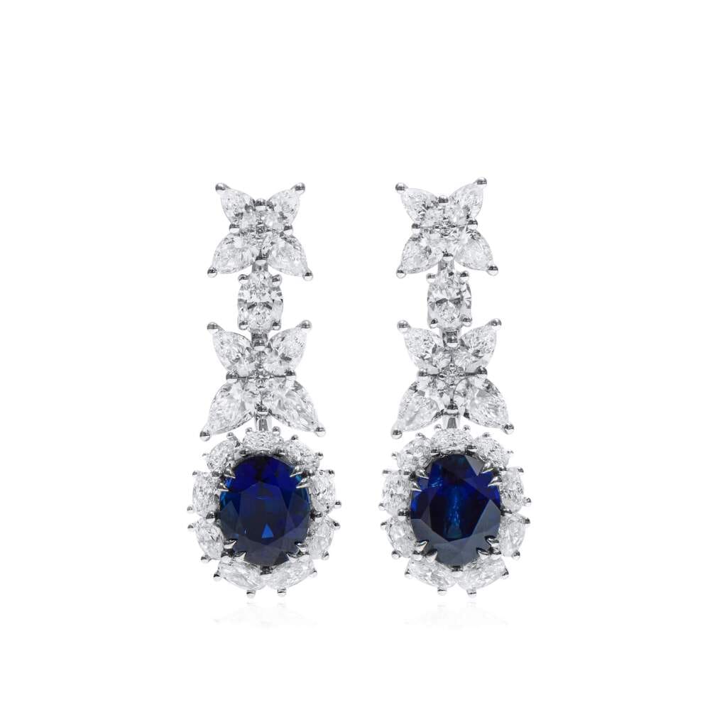 White Gold, 5.26ctw Burmese Sapphire and Diamond Drop Earrings
