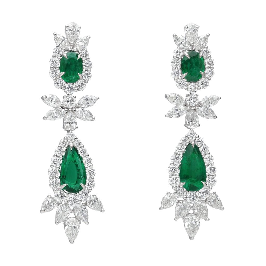 Platinum, 12.36ctw Zambian Emerald and Diamond Earrings