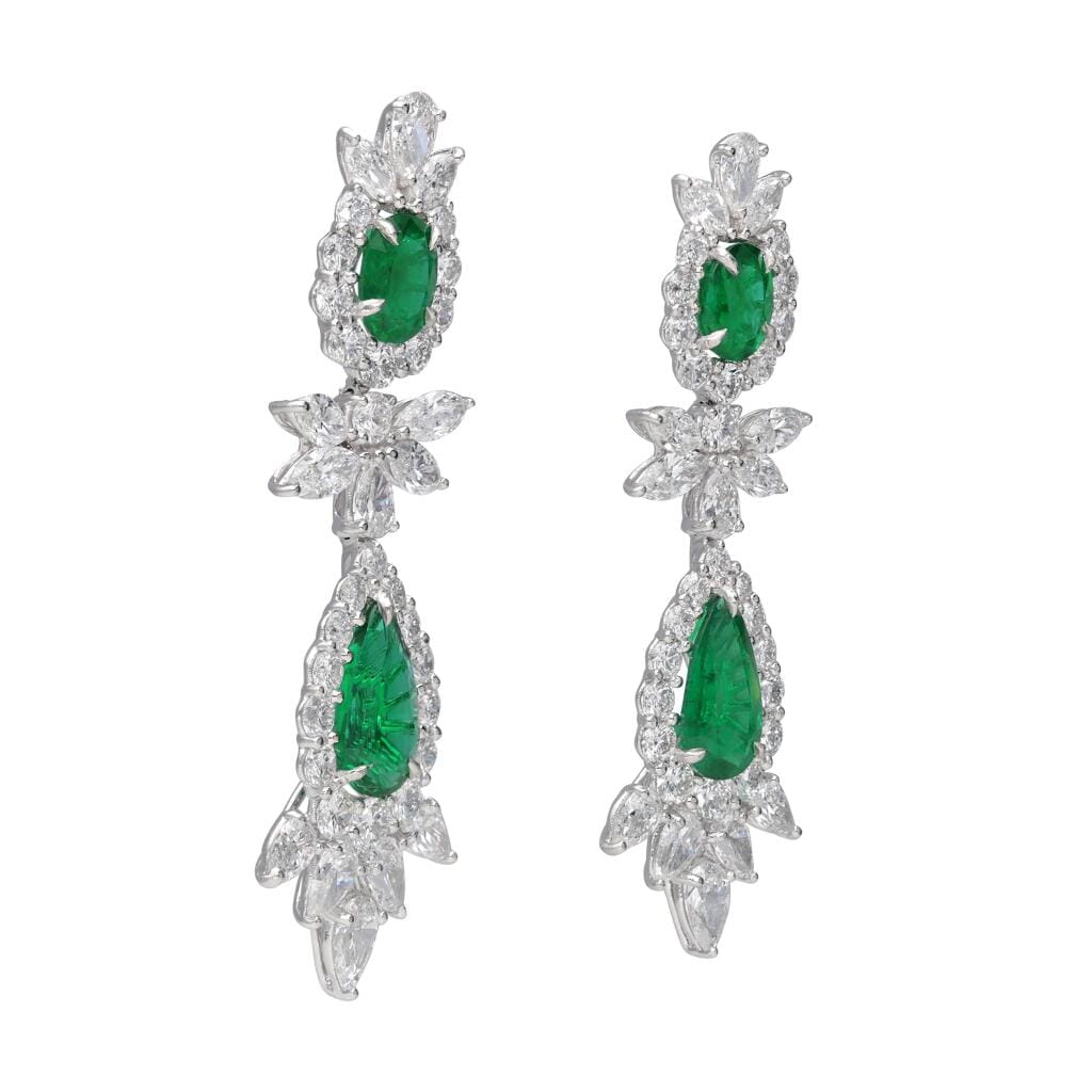 Platinum, 12.36ctw Zambian Emerald and Diamond Earrings