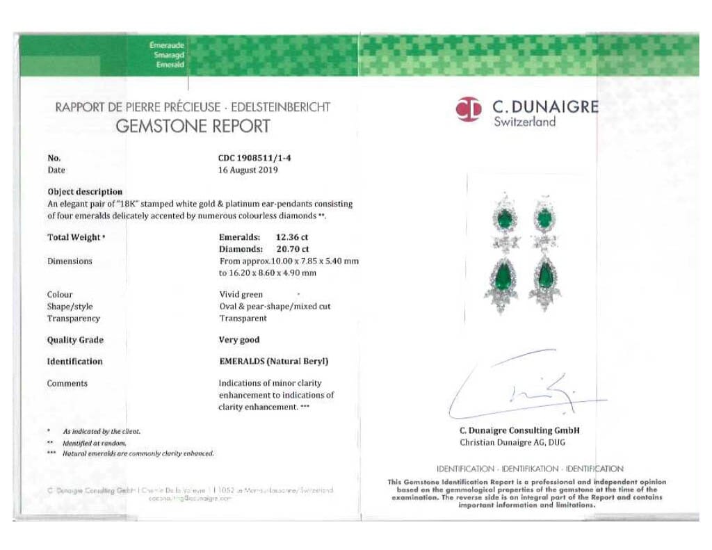 Platinum, 12.36ctw Zambian Emerald and Diamond Earrings