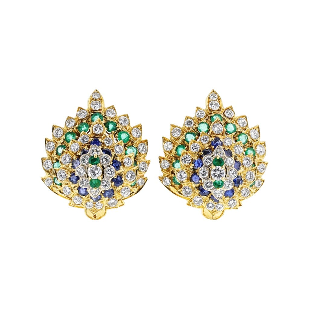 Gold, Sapphire, Emerald and Diamond Earclips