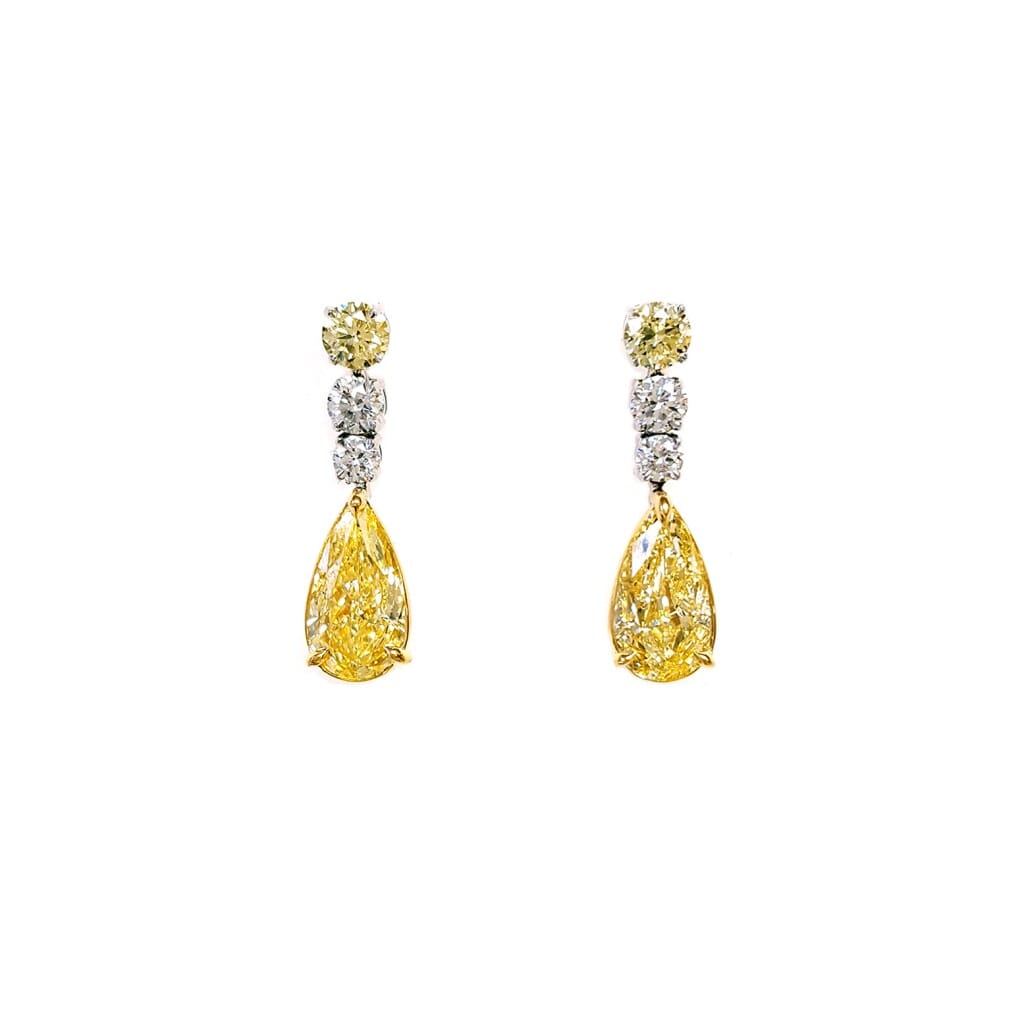 Gold, White Gold, 2.08ctw Pear Shape Fancy Light Yellow Diamond, Yellow Diamond and Diamond Drop Earrings