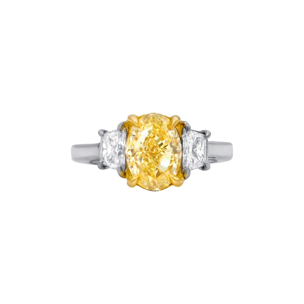 Platinum, Gold, 2.58ct Oval Cut Fancy Yellow Diamond and Diamond Engagement Ring