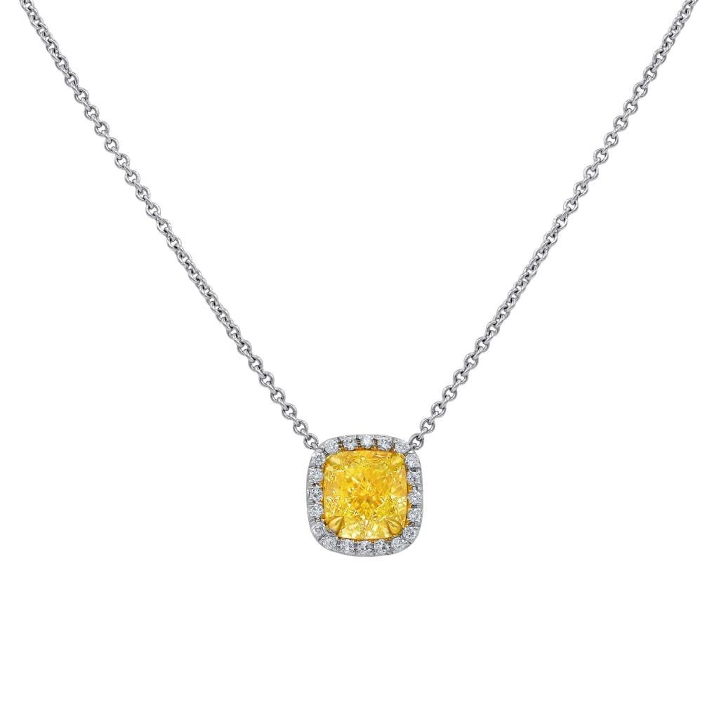Platinum, Gold, 1.51ct Cushion Cut Fancy Light Yellow Diamond and Diamond Pendant Necklace