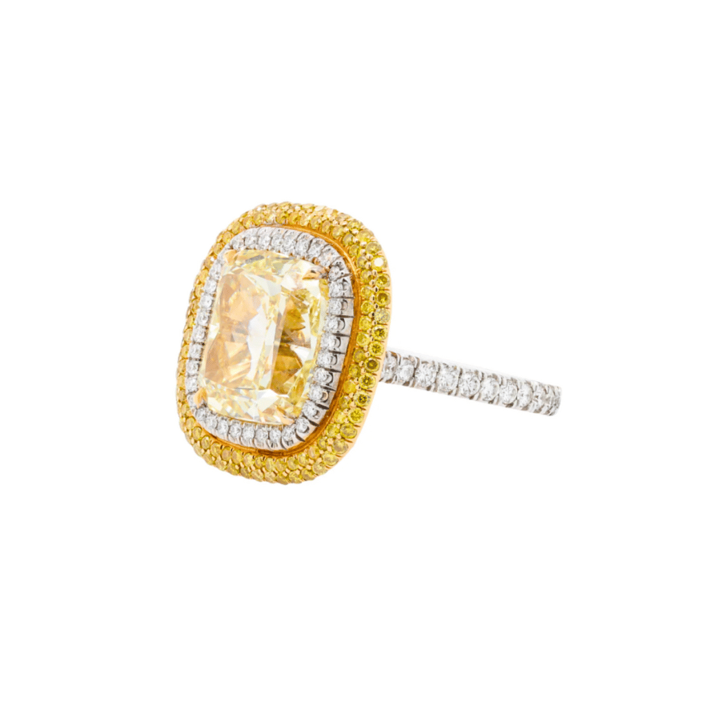 Platinum, Gold, 8.56ct Cushion Cut Fancy Yellow Diamond and Diamond Engagement Ring