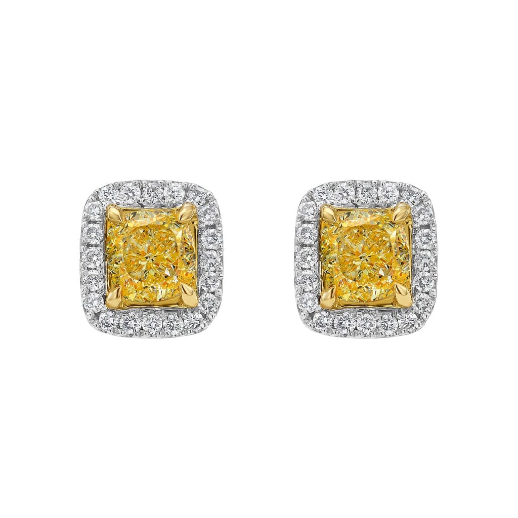White Gold, Gold, 1.35ctw Cushion Cut Yellow Diamond and Diamond Stud Earrings