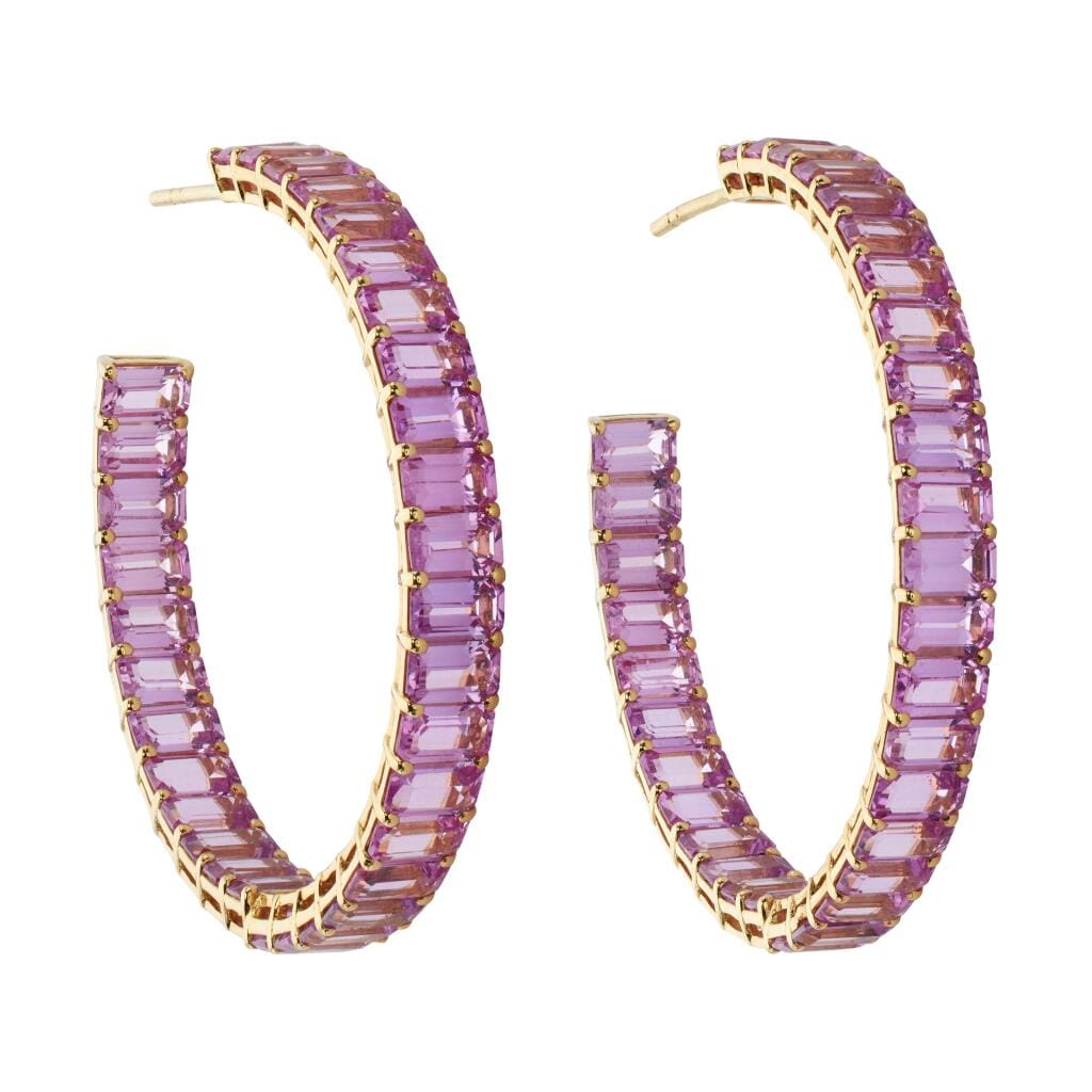 Gold and 21.75ctw Pink Sapphire Hoop Earrings