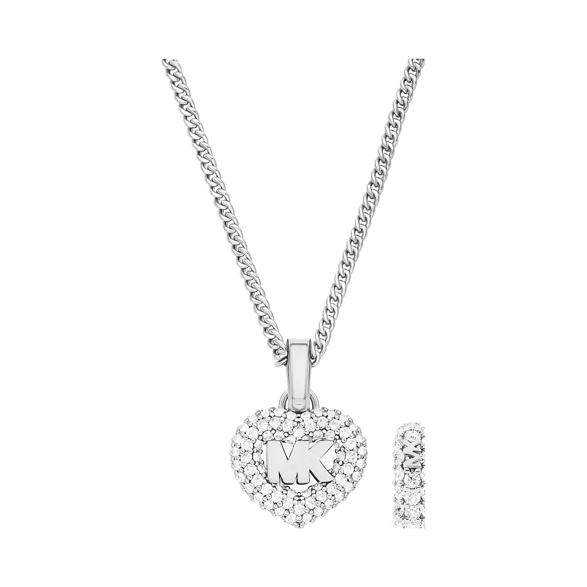 Michael Kors Pavé Heart and Logo Necklace and Hoop Earrings Jewelry Gift Set Silver