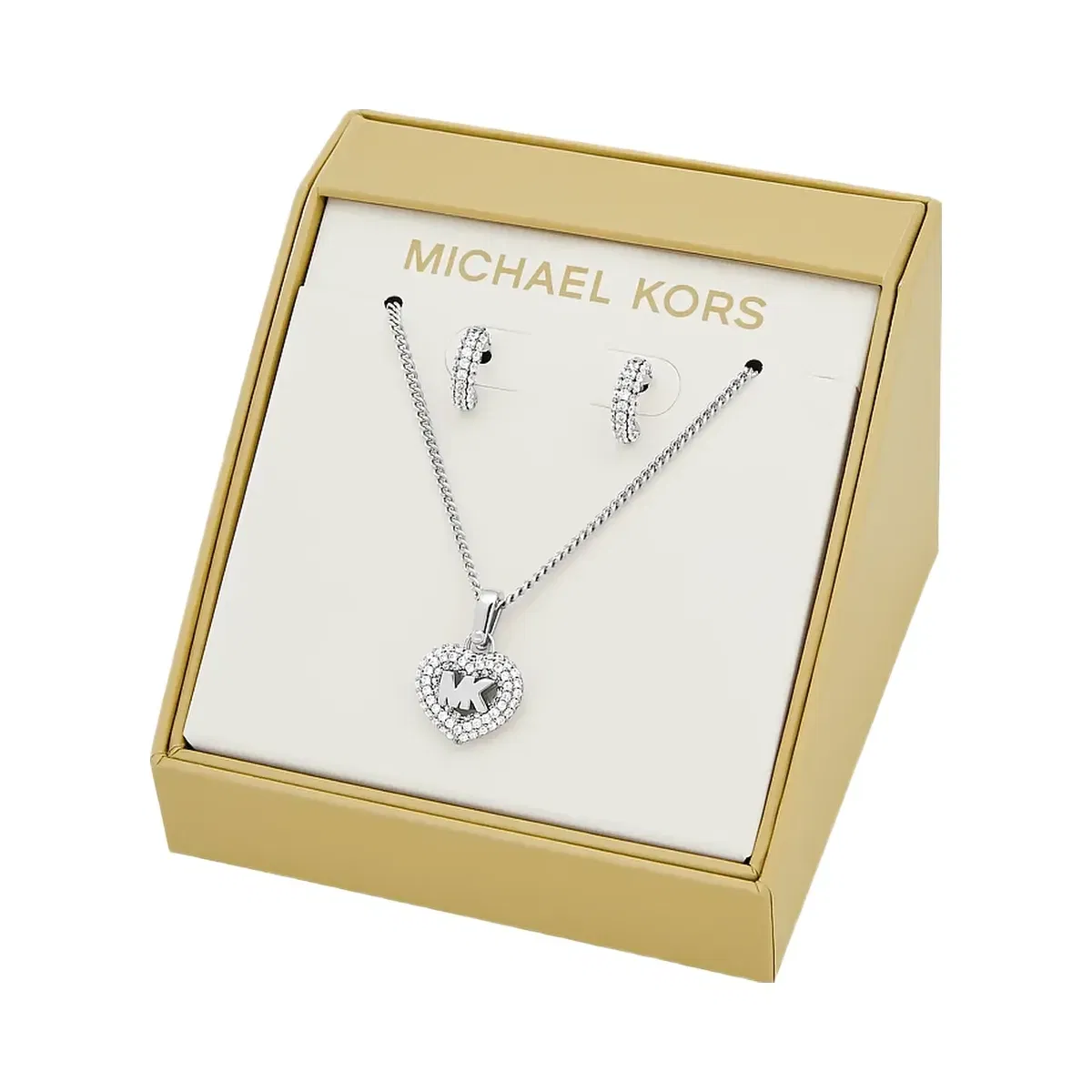 Michael Kors Pavé Heart and Logo Necklace and Hoop Earrings Jewelry Gift Set Silver
