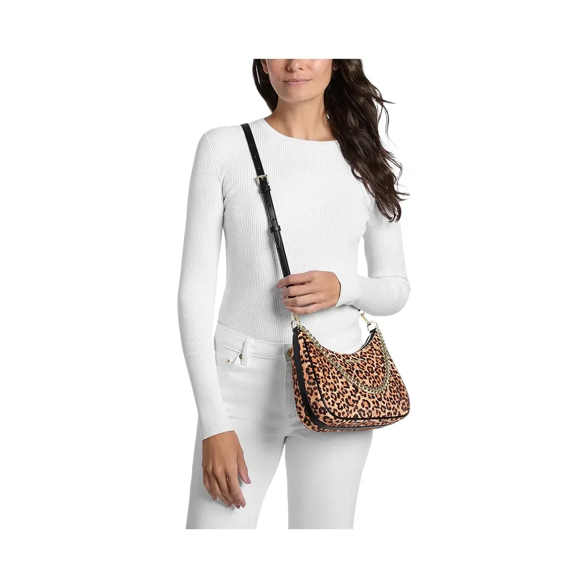 Michael Kors Jet Set Travel Large Leopard Print Calf Hair Convertible Pochette Camel Mlt