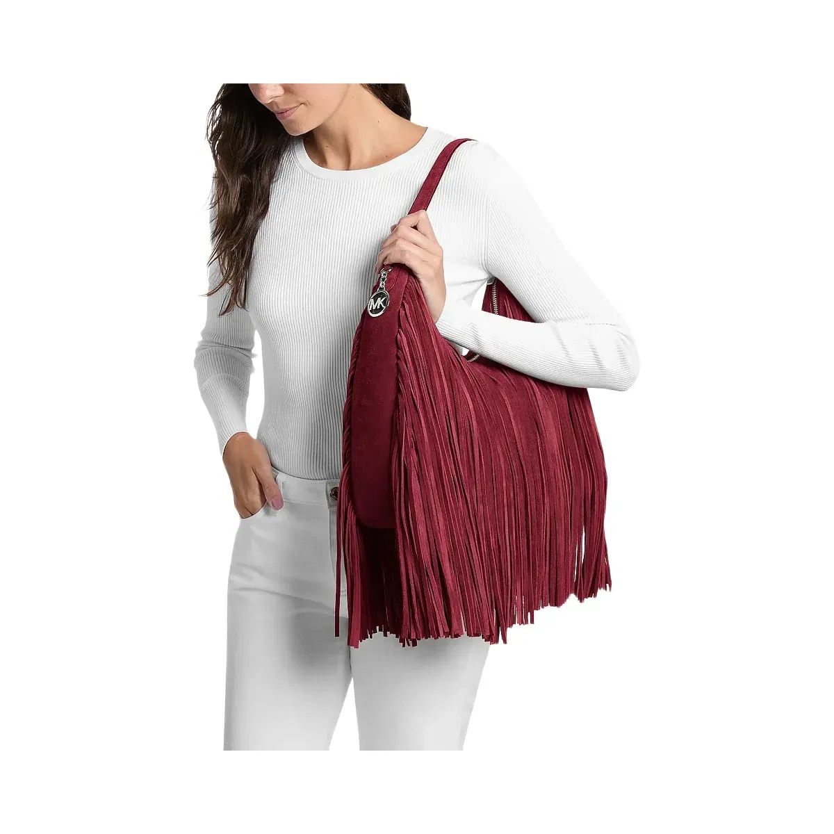 Michael Kors Nayla Medium Fringed Hobo Shoulder Bag Maroon