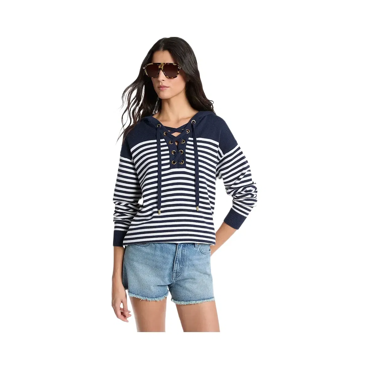 Michael Kors Striped Wool Lace-Up Hoodie Midnightblue