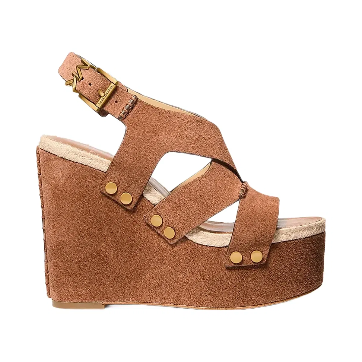 Michael Kors Raven Studded Suede Wedge Sandal Luggage