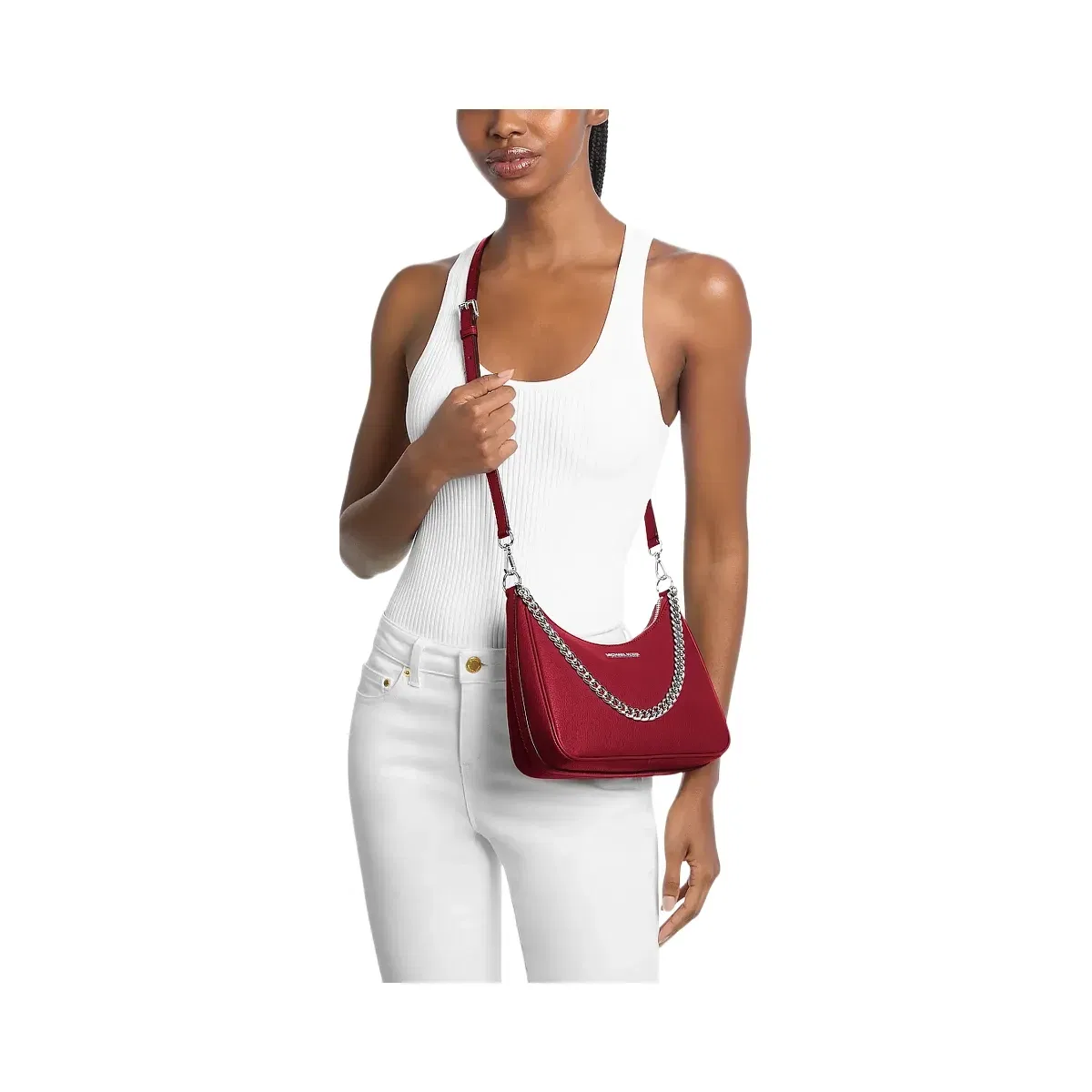 Michael Kors Jet Set Large Pebbled Leather Convertible Crossbody Bag Maroon