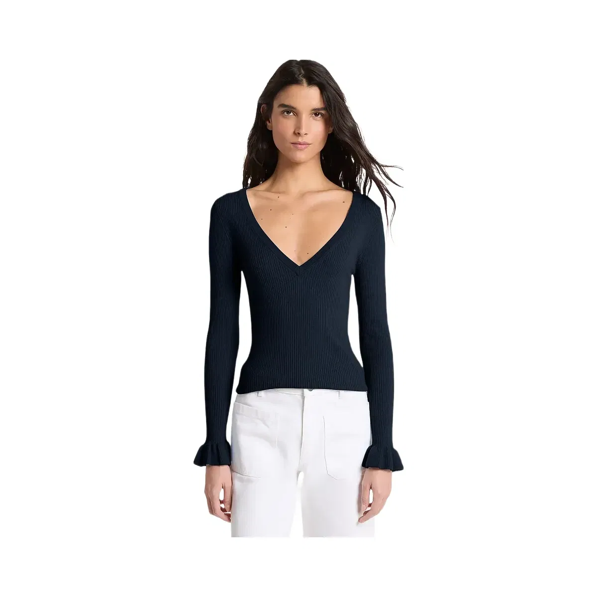 Michael Kors Ribbed Wool Blend V-Neck Sweater Midnightblue