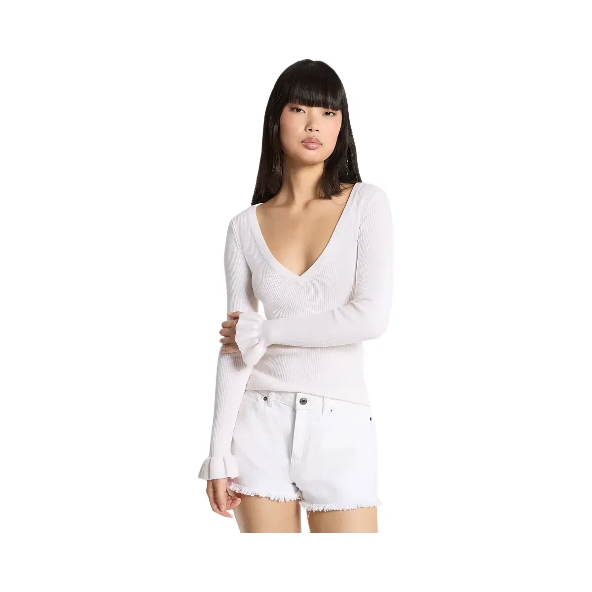 Michael Kors Ribbed Wool Blend V-Neck Sweater White