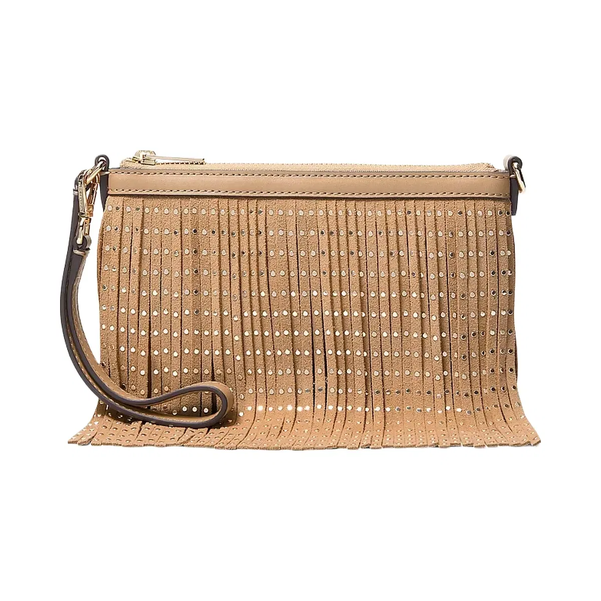 Michael Kors Studded Fringed Polyester Microsuede Wristlet Camel