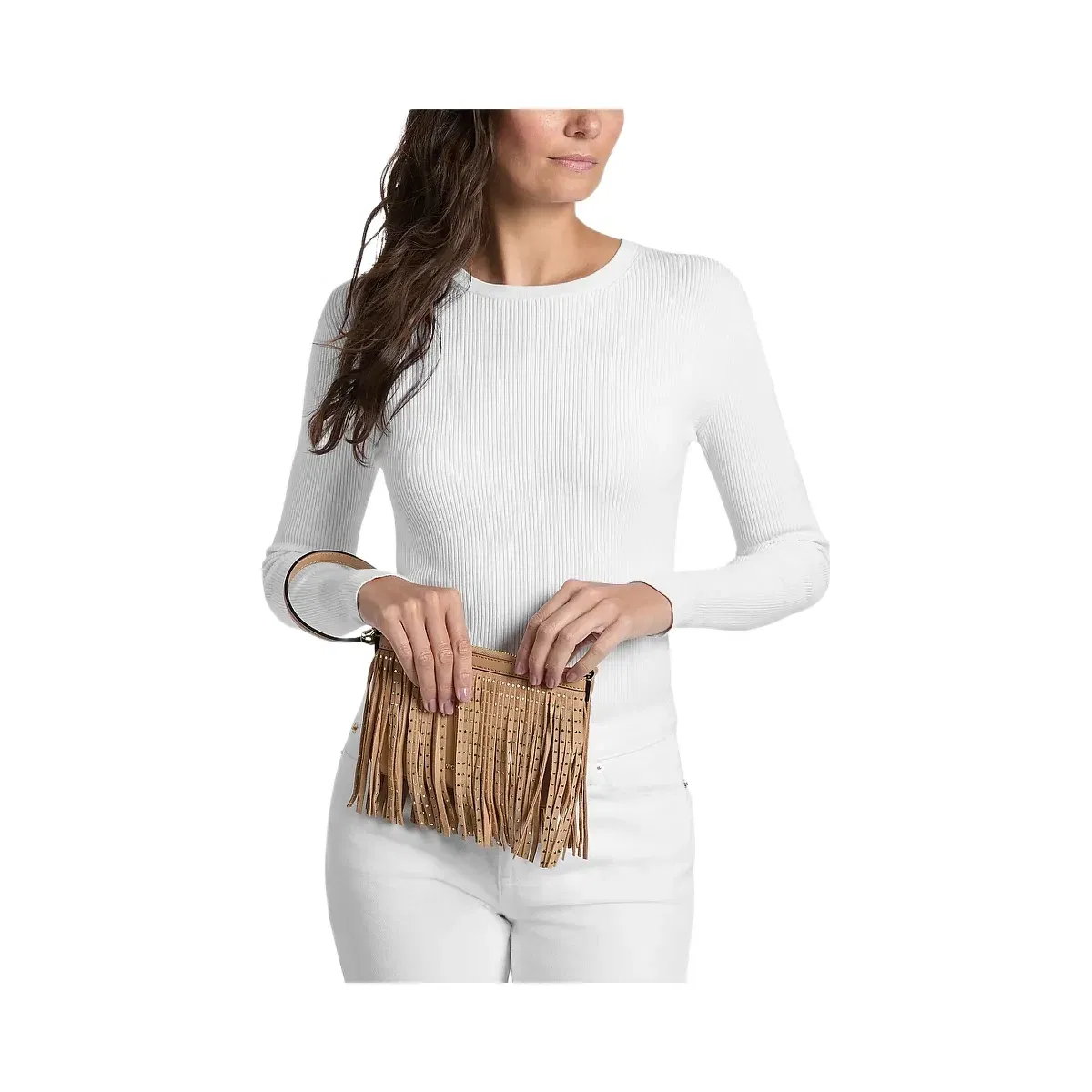 Michael Kors Studded Fringed Polyester Microsuede Wristlet Camel