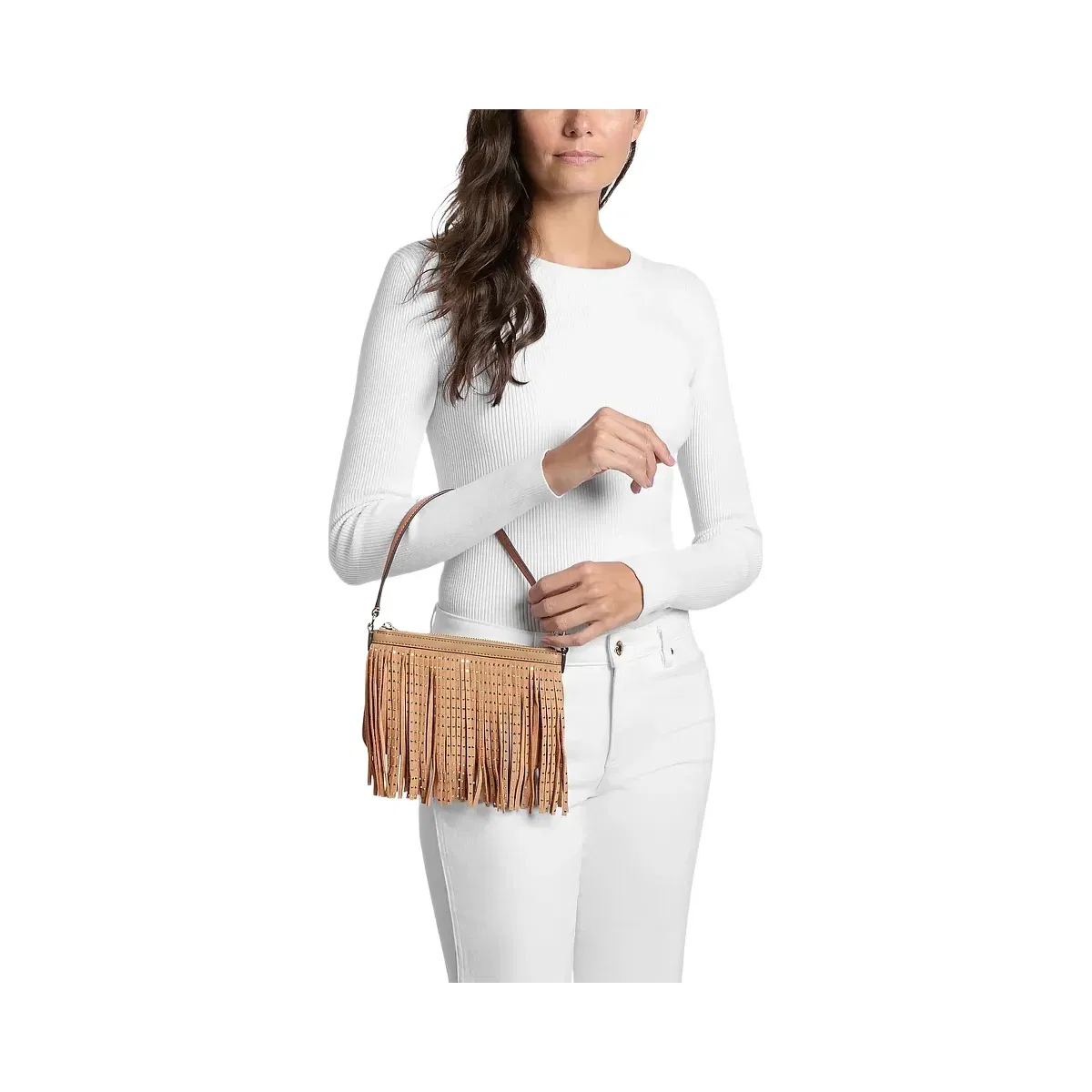 Michael Kors Studded Fringed Polyester Microsuede Wristlet Camel