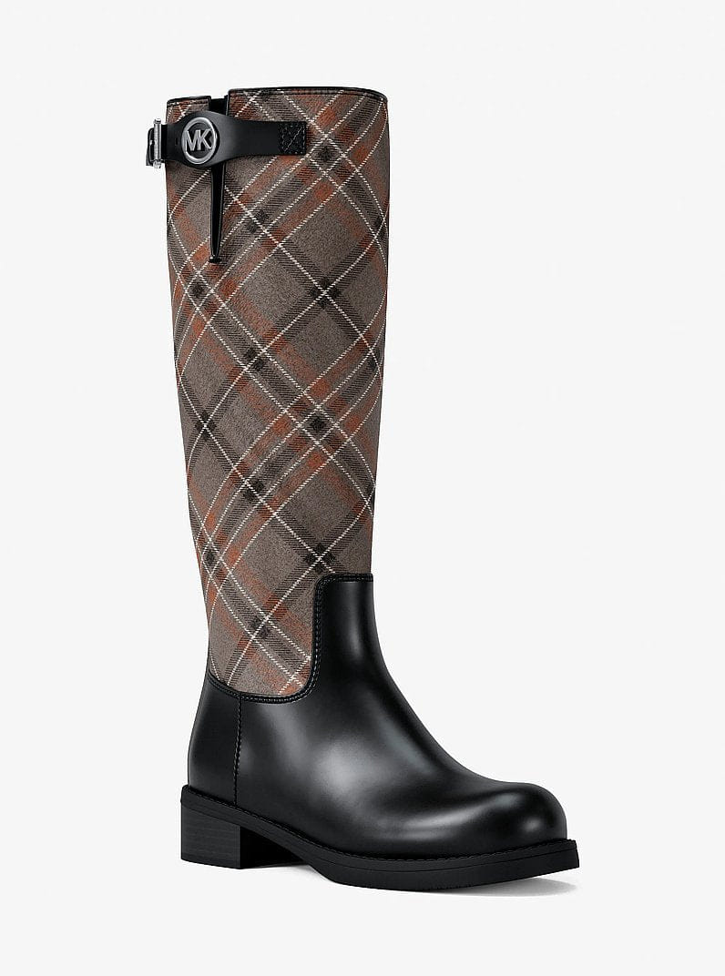 Michael Kors Royce Plaid Print Wool Blend Riding Boot Mushroom Mlti