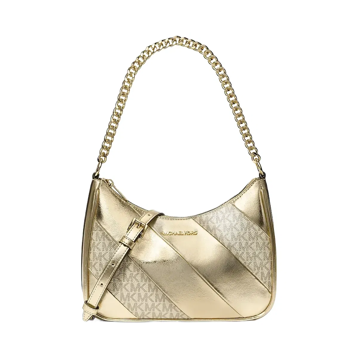 Michael Kors Jet Set Travel Large Metallic and Signature Logo Convertible Crossbody Bag Pale Gold
