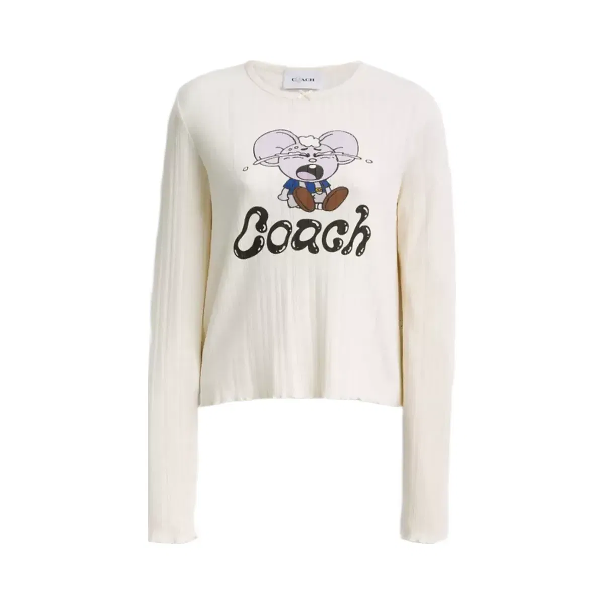 Coach x Brain Dead Kachi Mouse Graphic Long Sleeve Pointelle Top in Cream