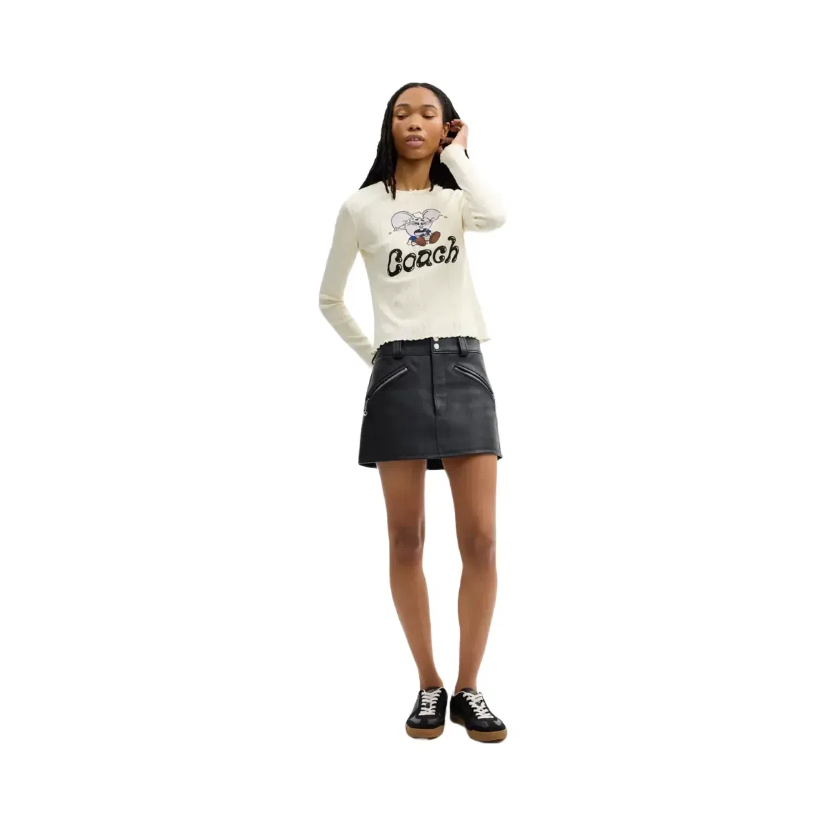 Coach x Brain Dead Kachi Mouse Graphic Long Sleeve Pointelle Top in Cream